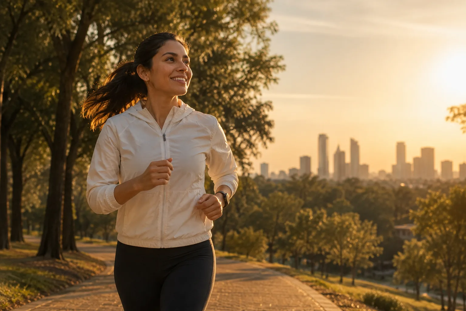 Corredora sonriendo al amanecer en un parque de la ciudad