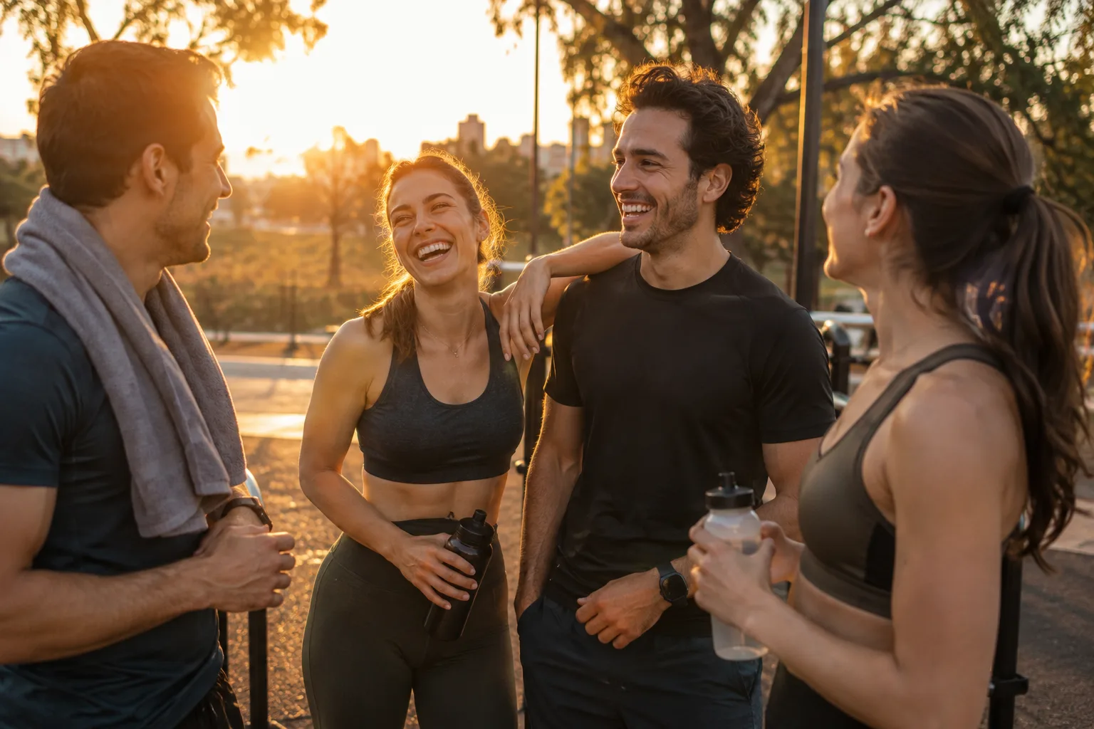 Friends laughing together in a park at sunset
