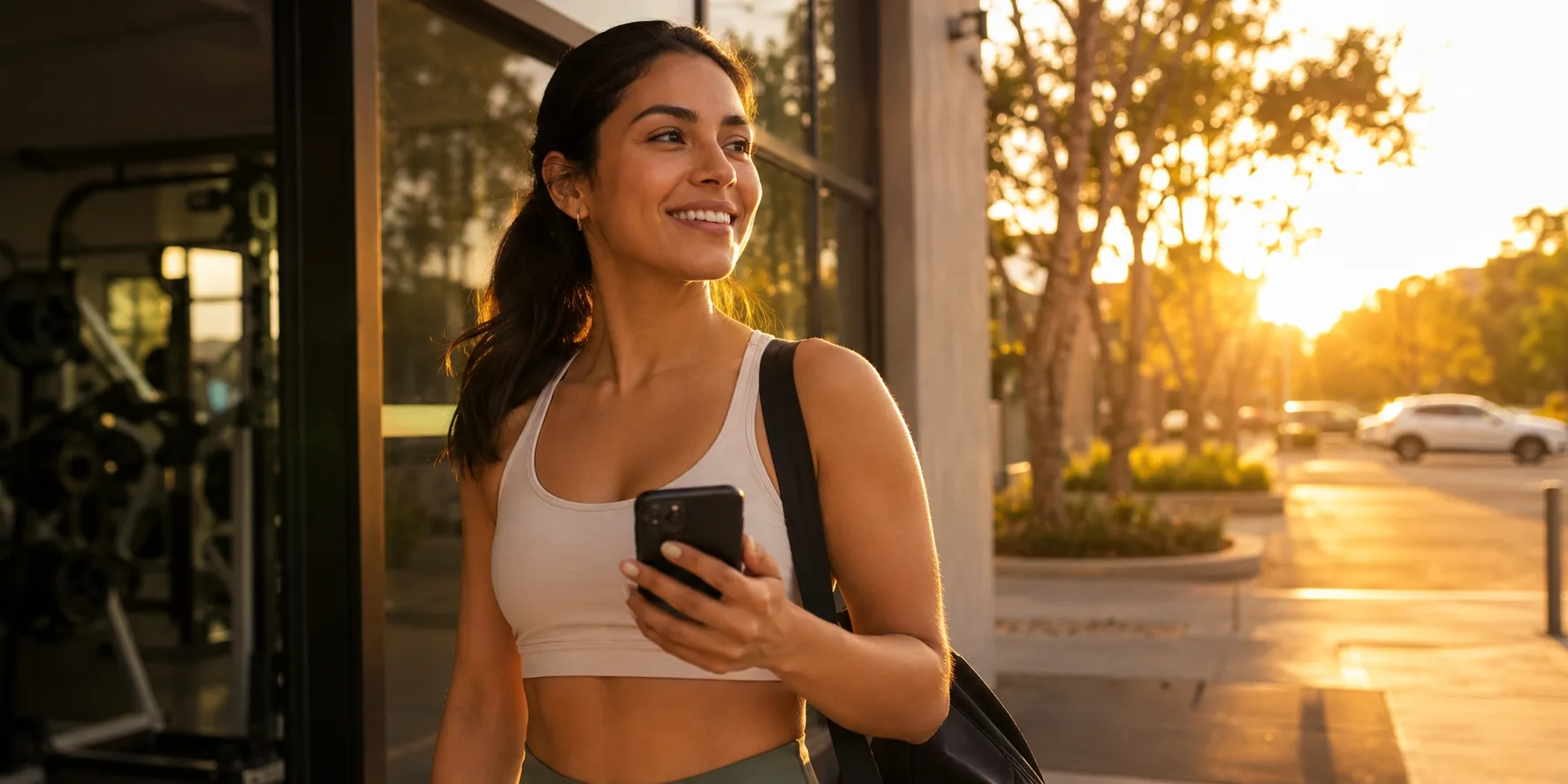 Mujer sonriendo con su celular al salir del gimnasio, luz cálida de atardecer
